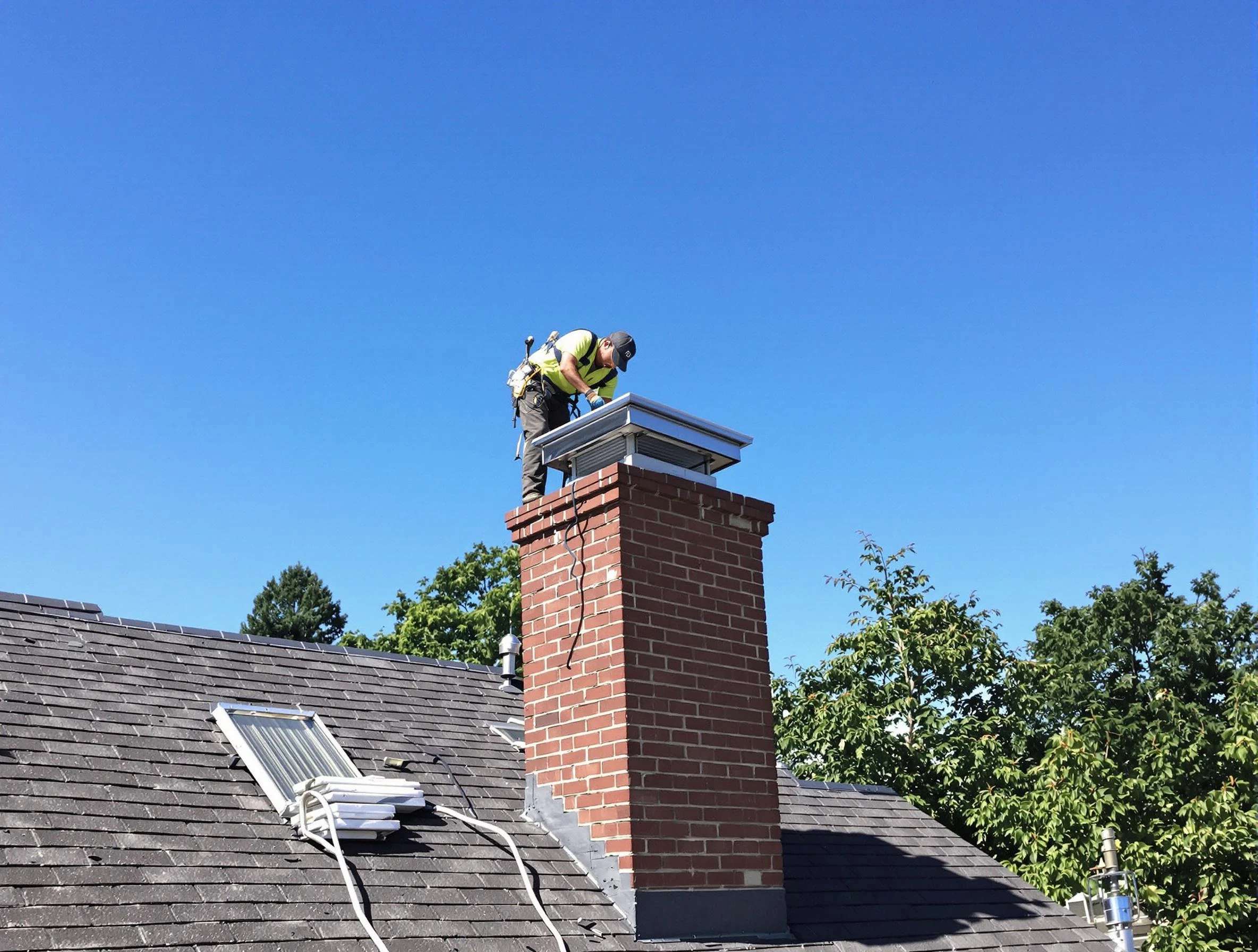 Lawrenceville Chimney Sweep technician measuring a chimney cap in Lawrenceville, GA