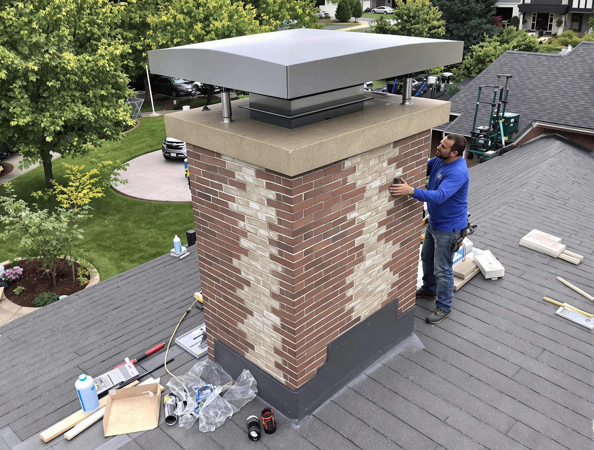 Lawrenceville Chimney Sweep team working on a custom chimney remodel in Lawrenceville, GA
